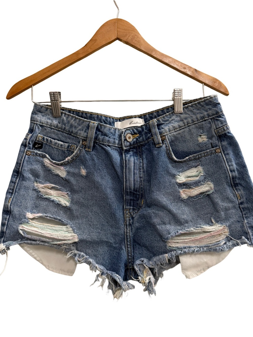 KanCan Distressed Denim Shorts with Multicolor Woven Details Size 9/28